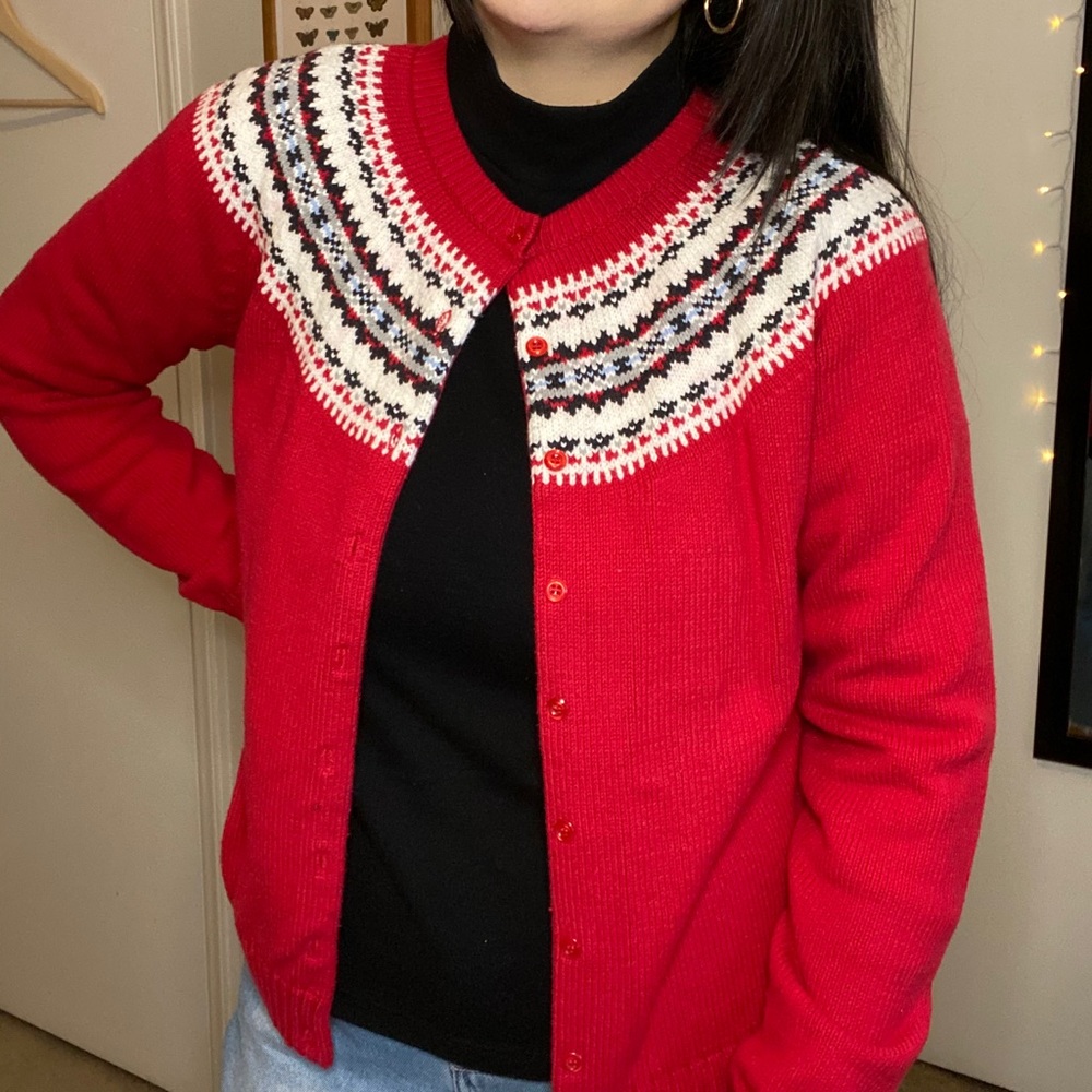 Red fair isle cardigan sweater